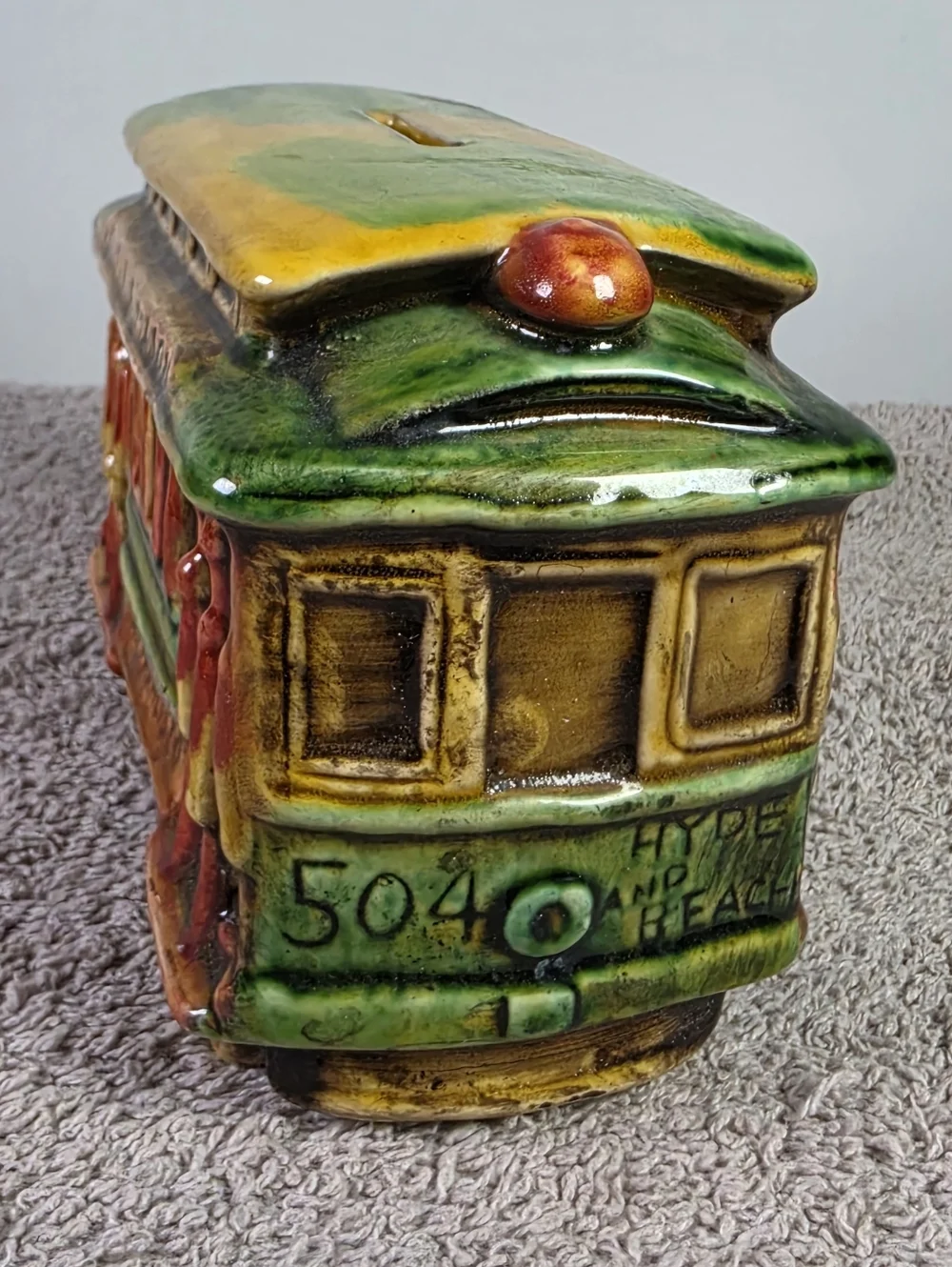 Vintage San Francisco Cable Car Ceramic Bank - Green & Gold